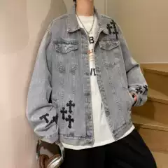 Vintage Denim Jacket Men's American High Street Trendy Loose Fit Jacket Creative Niche Cross Top
