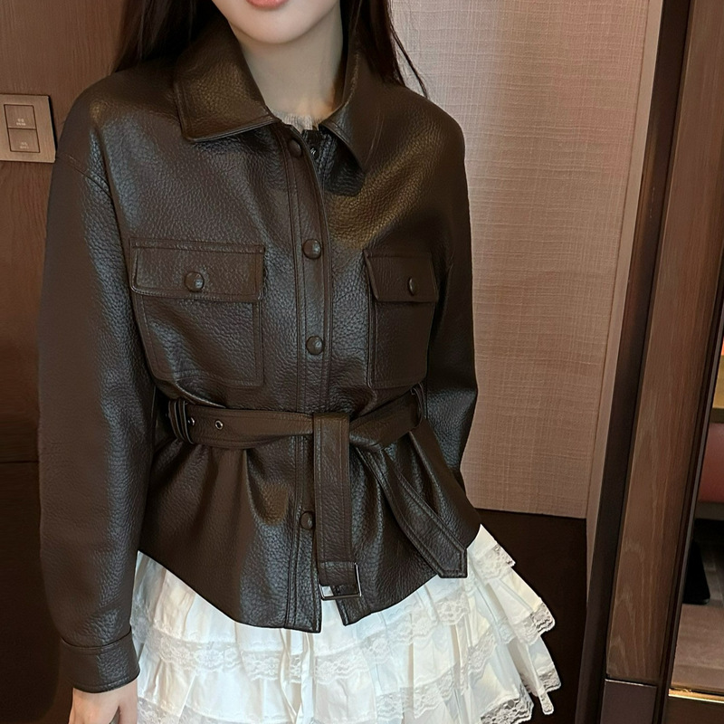极简风绵羊皮革荔枝纹短上衣极简帅气外套深圳南油女装早秋上衣女|undefined
