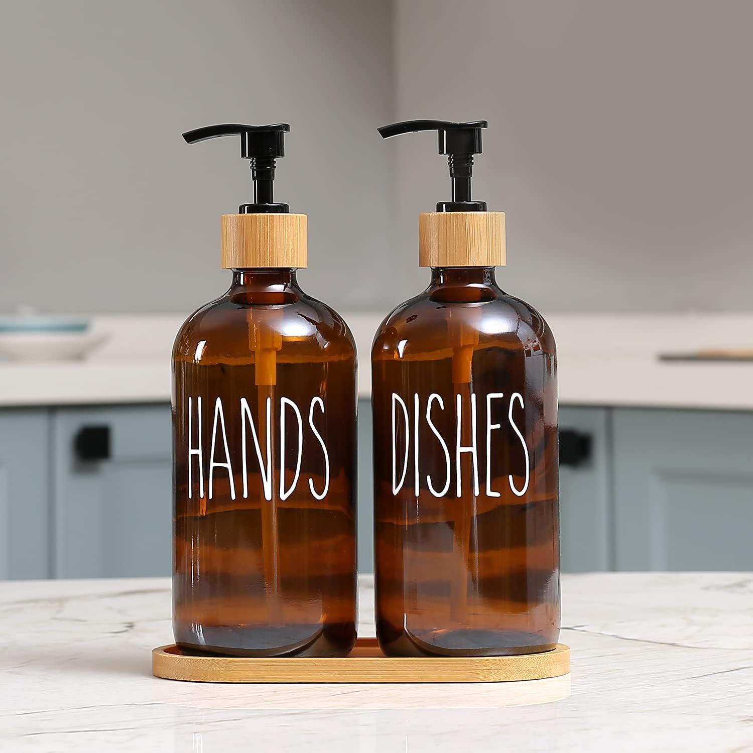 Amazon serie de baño de 16oz café rústico botella de jabón de madera botella de desinfectante de manos con jabón de madera