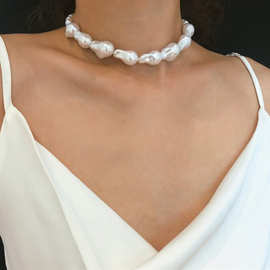 欧美跨境饰品 简约巴洛克珍珠女士百搭气质项饰 个性几何珍珠项链