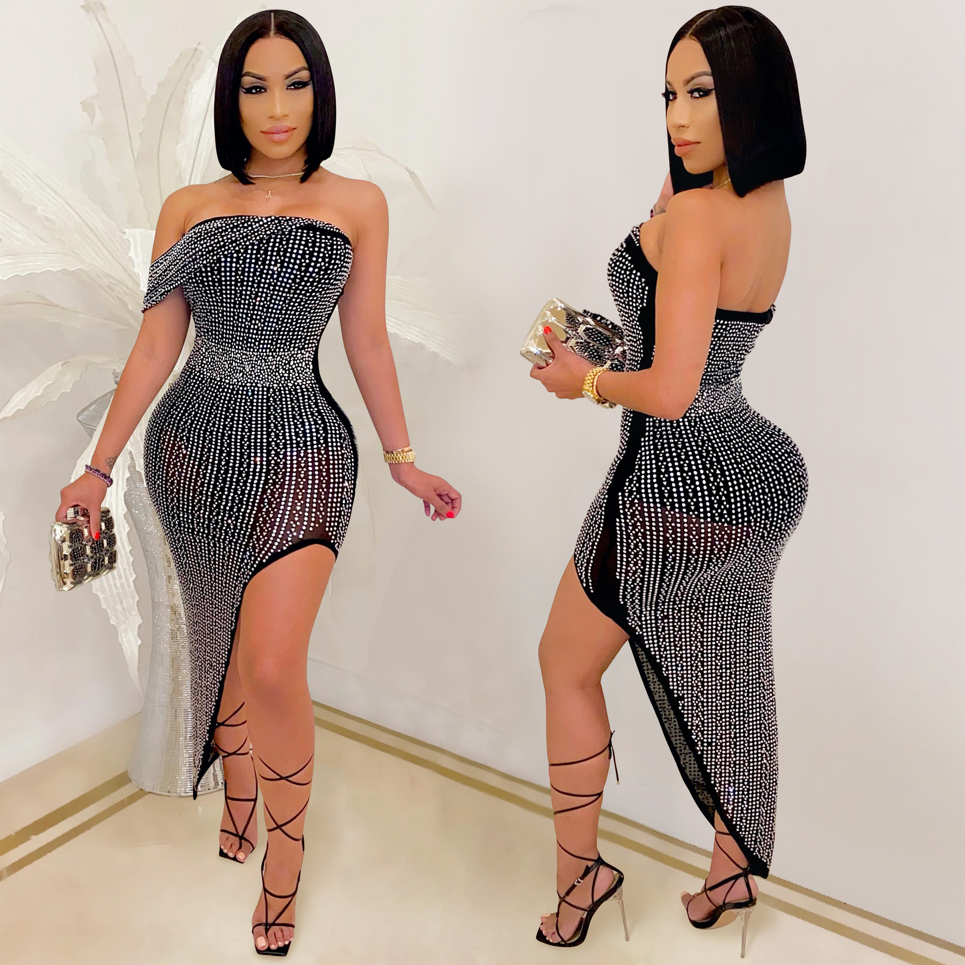 X5046 transfronterizo Amazon AliExpress vestido de noche europeo y americano rhinestone malla hilo envuelto pecho irregular vestido de mujer image 2