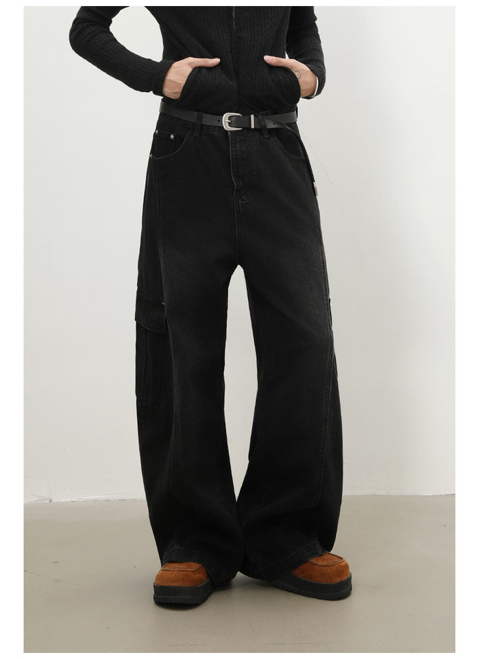 Quần jean nam ống rộng baggy phong cách retro Mỹ, nhiều túi khóa kéo, lưng giữa eo — màu xám đen chi tiết 9