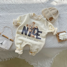 嬰兒冬季加絨哈衣可愛小熊米色爬服新生寶寶連體衣0-3-6-9-12個月