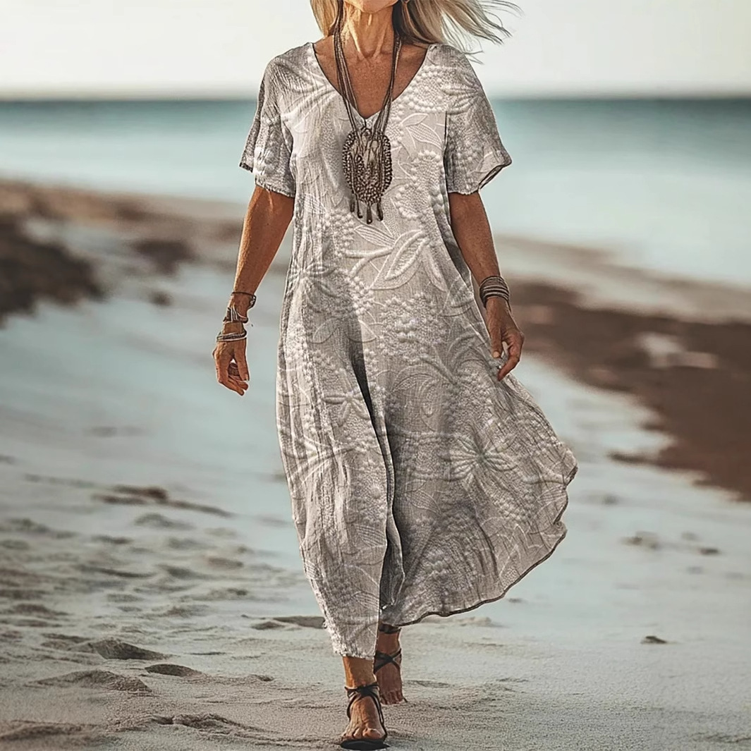 Creative Floral Women's Summer V-Neck Short Sleeve Dress, Mid-Length Dress_ecoleips.com
