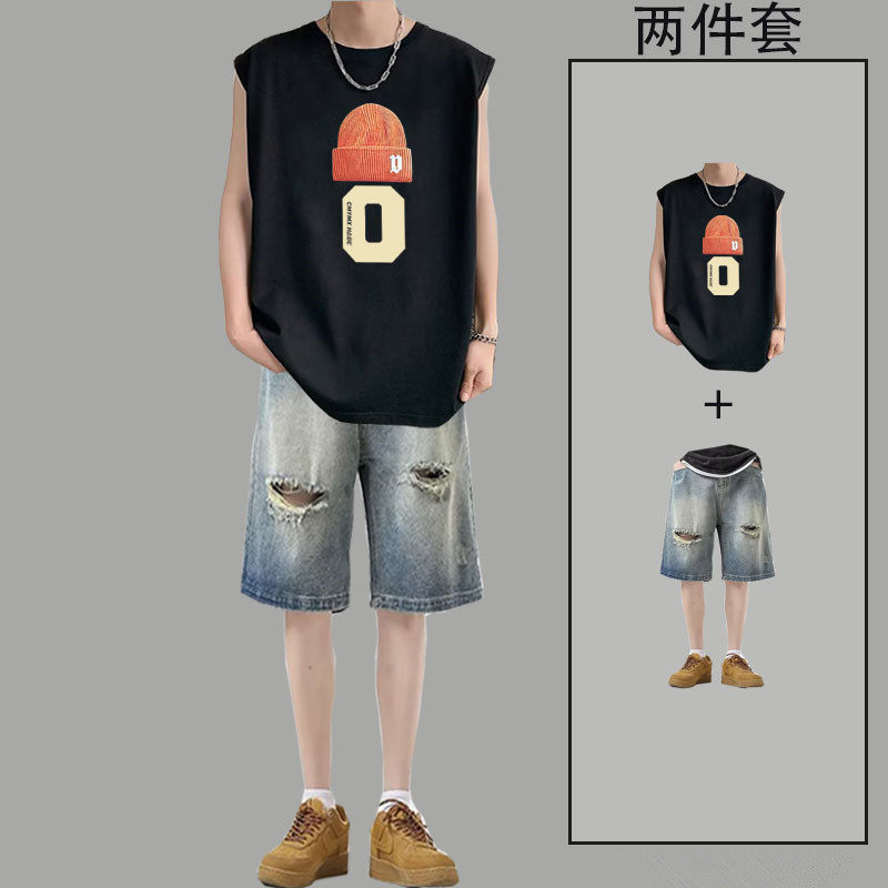 American-Style Casual Vest Top Men's Set Summer Sleeveless Tank Top Trendy Ins-Style Outfit with Cool Denim Shorts