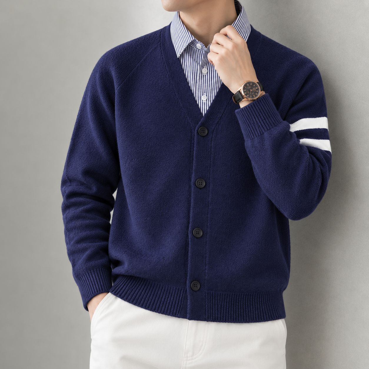 2026 Fall/Winter Knitted Cardigan, Preppy Style, Two-Piece Look Men's Sweater Jacket