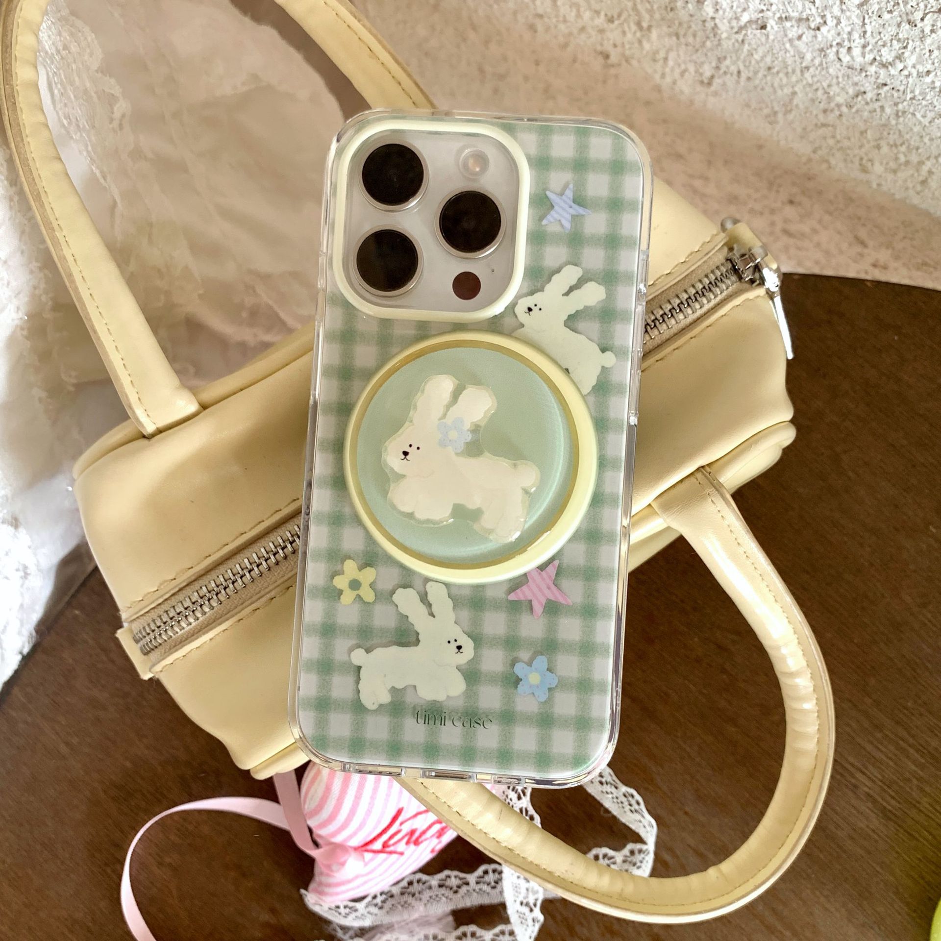 Conejo de costura de cuadros verde coreano para Apple 16Pro funda para teléfono móvil 15ProMax magnético 14 nuevo 16PM