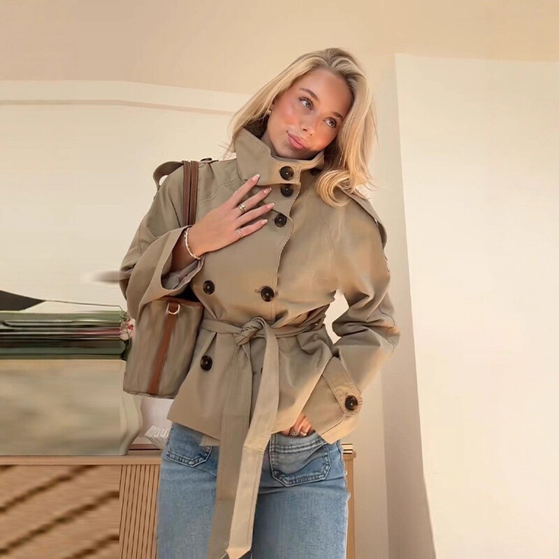 Foreign Trade 2025 New Retro Lapel Design Double-Breasted Lace-Up Versatile Long-Sleeved Short Windbreaker Jacket