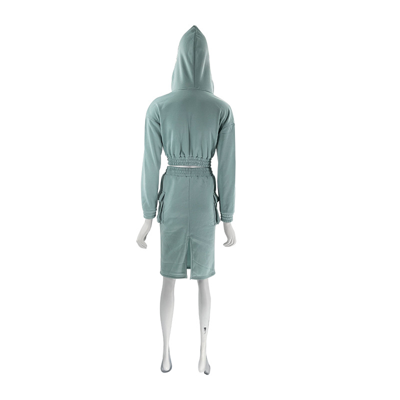 Women's Skirt Suit V Neck Hooded Solid Colour Long Sleeve Set_voghion.com