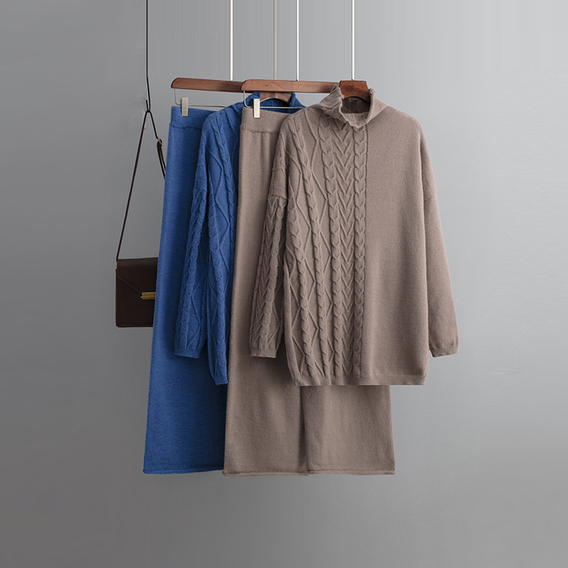 Damenbekleidung Herbst und Winter große Größe Rollkragenanzug Mode neue sanfte faule Stil Pullover zweiteiliges Set einfarbig gestrickt_voghion.com