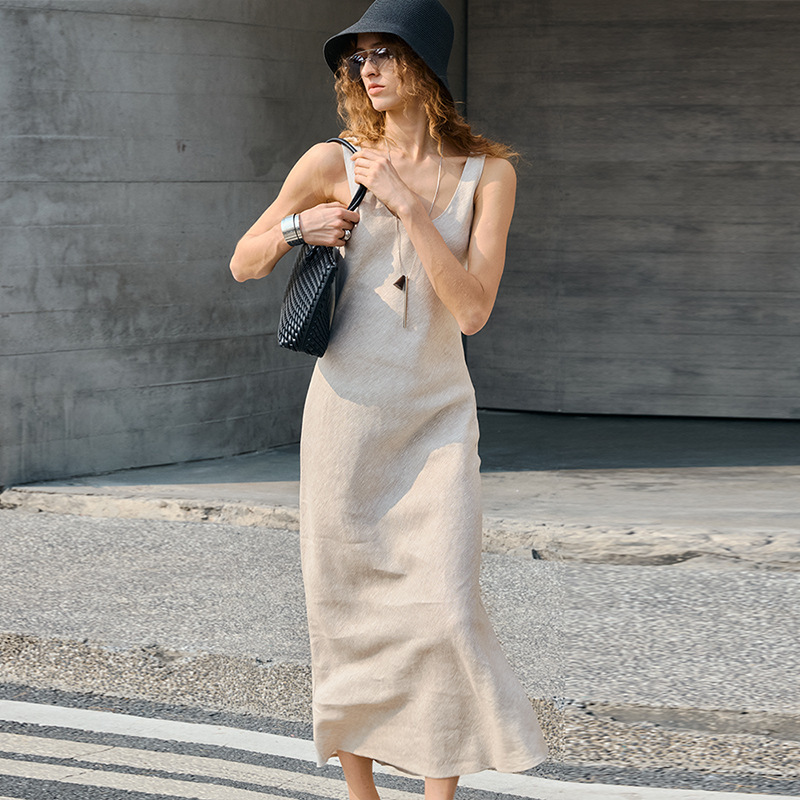 Old Money Style Pure Linen U-Neck Bias-Cut Vest Dress Summer Women's Sleeveless Dress Sexy French Fishtail Long Dress