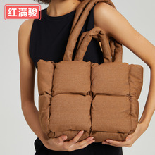 新款牛仔布托特包女时尚简约填棉羽绒包柔软方格单肩手提包跨境