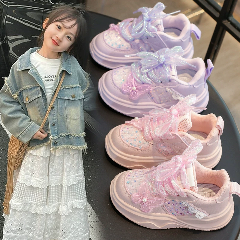 Для девочек приливные кроссовки 2025 весна новые блестки банты иностранные принцессы повседневные детские кроссовки прилив