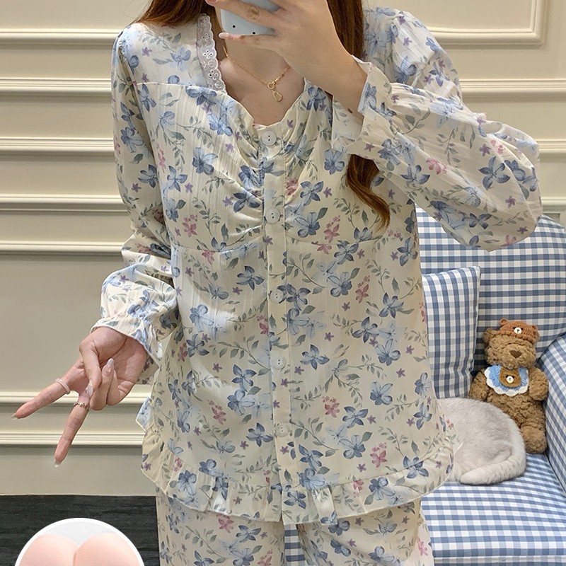 春秋季新款睡衣女带胸垫梭织云朵棉甜美长袖公主风家居服套装批发