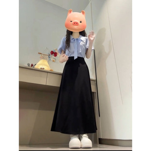 Summer Korean Commuter Style Blue Bow Lapel Shirt Paired with Black High-Waisted Skirt Two-Piece Suit
