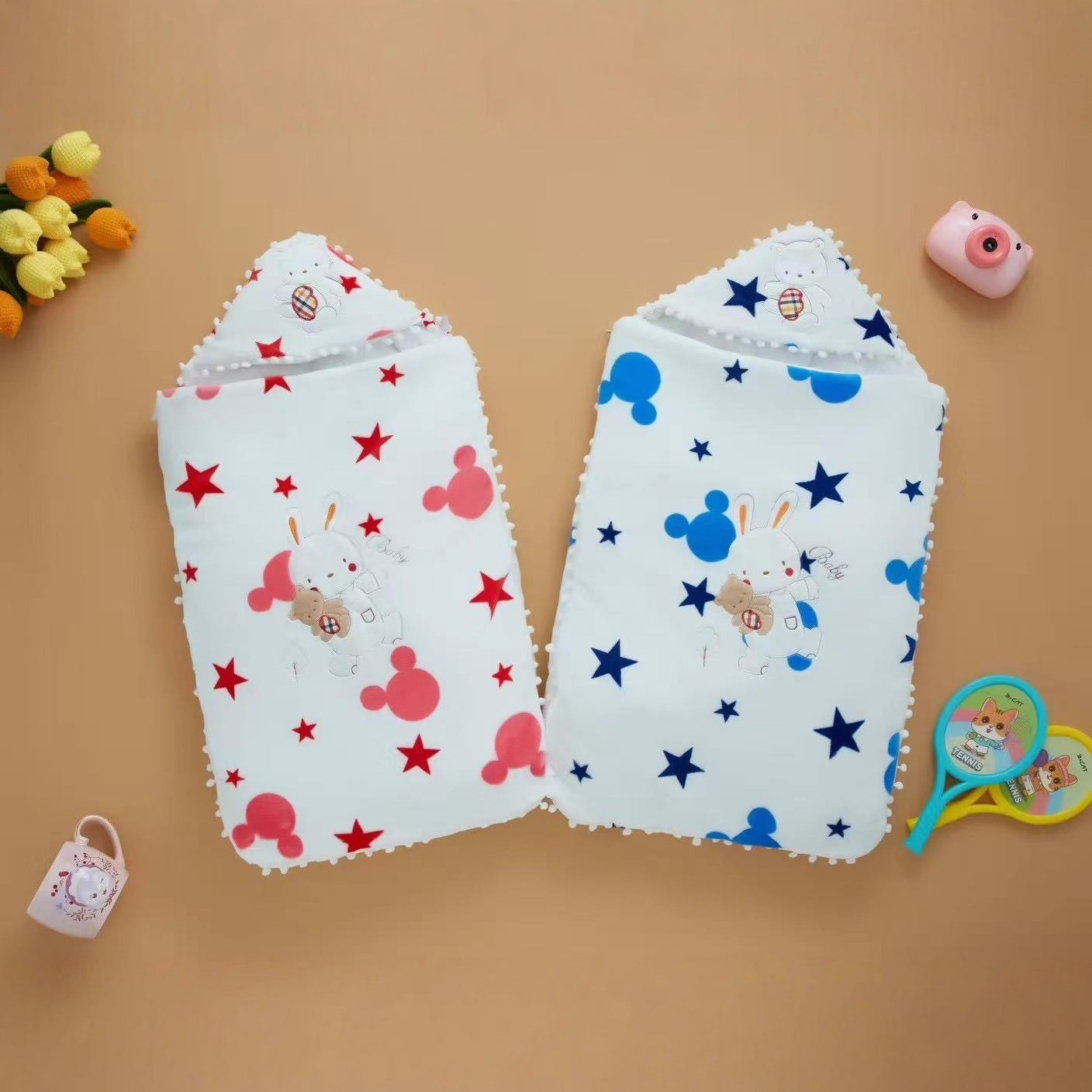 Baby Swaddle Sleeping Bag Newborn Autumn and Winter Three-Layer Cotton Swaddle Baby Wrap Polyester Cotton Thickened for Warmth