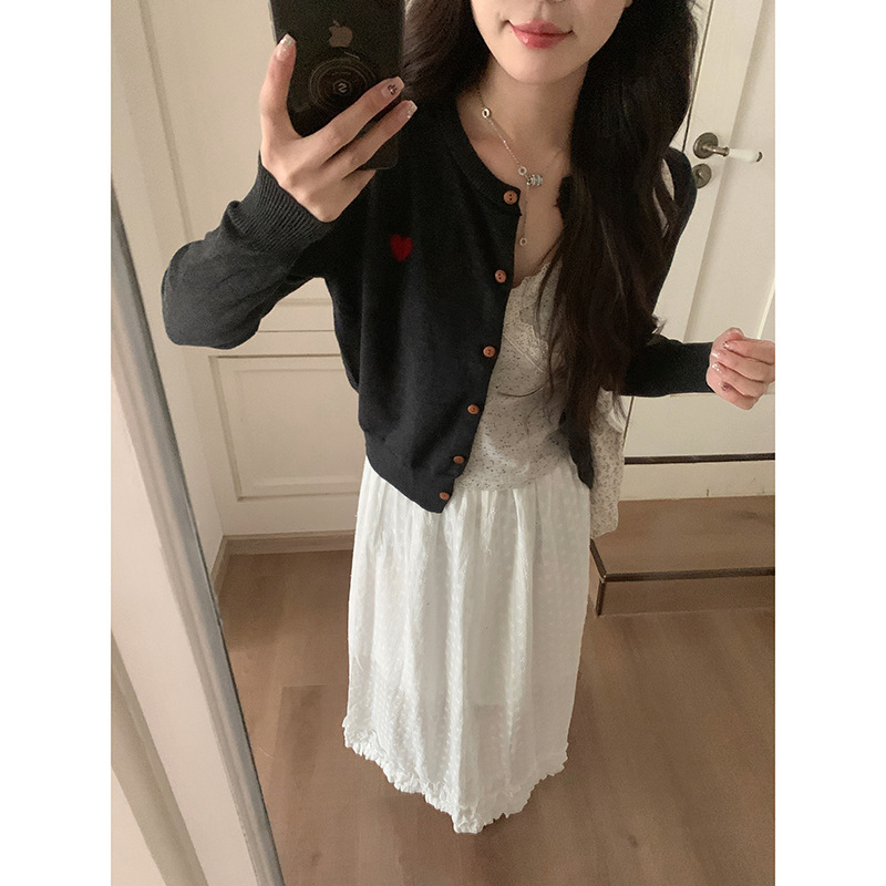 实拍~早秋甜美爱心提花毛衣开衫+蕾丝花边波点半身裙套装女89192|undefined