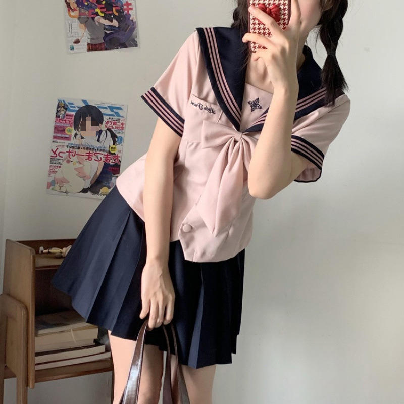 [Linglan Private] School Uniform Japanese Style Sailor Suit White Short Versatile Plaid Skirt Preppy Style Sweet Skirt