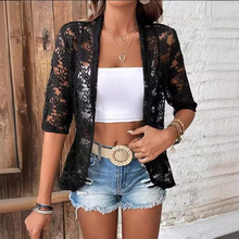 2024年速卖通亚马逊欧美女装时尚短袖花纹蕾丝镂空花边纯色开衫