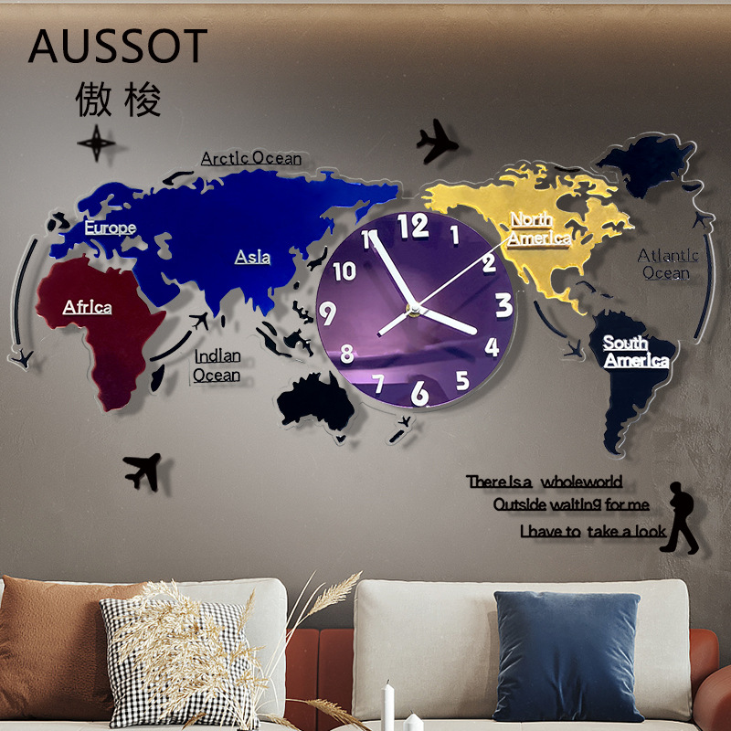 Nuevo estilo europeo colorido acrílico mapa del mundo Reloj de pared sala de estar decoración reloj mudo reloj de arte atmosférico