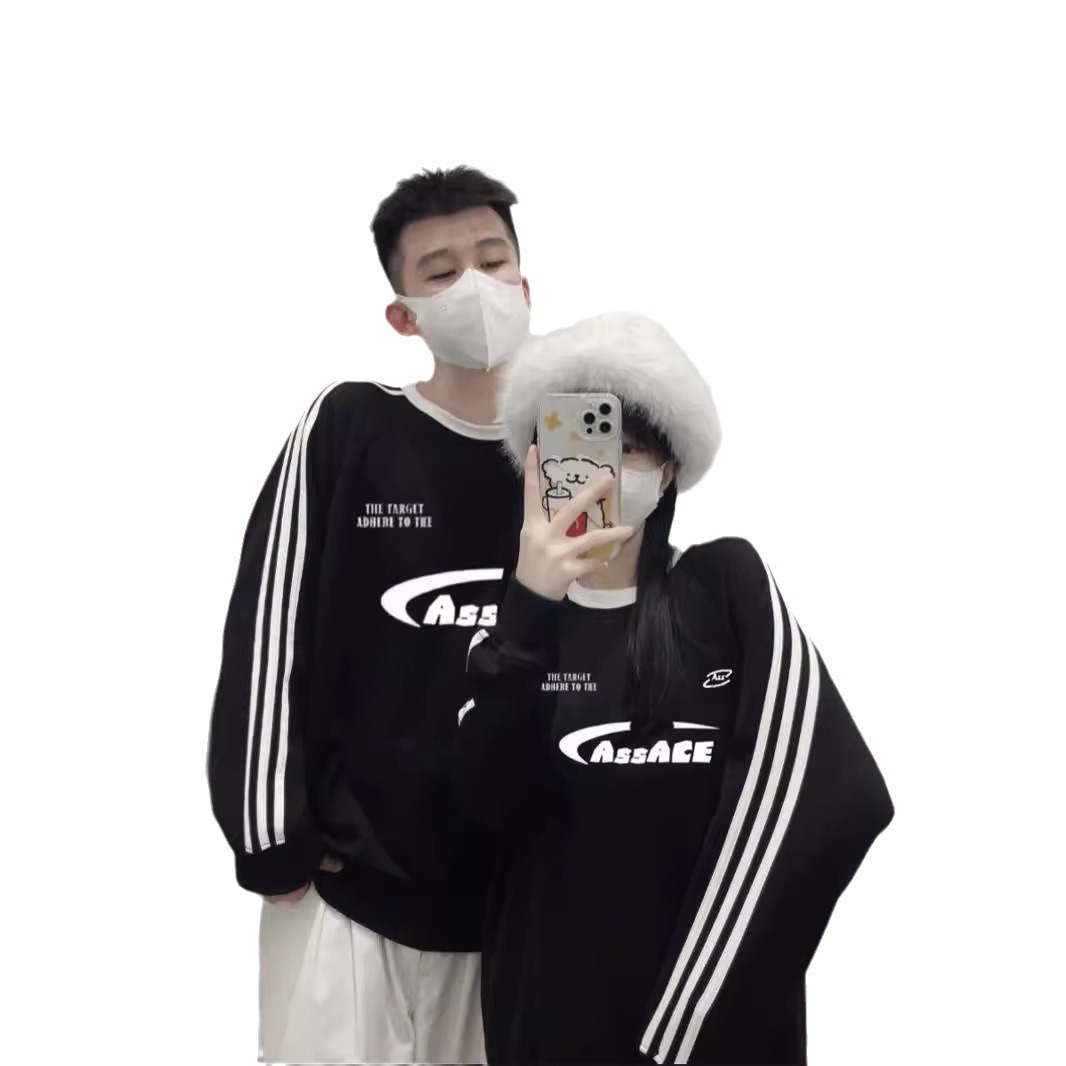 ASSACE 아메리칸 스타일 3 바 스트라이프 크루 넥 스웨트 가을과 겨울 레트로 스포츠 커플 패션 브랜드 RAGLAN UNI 루즈 남성과 여성
