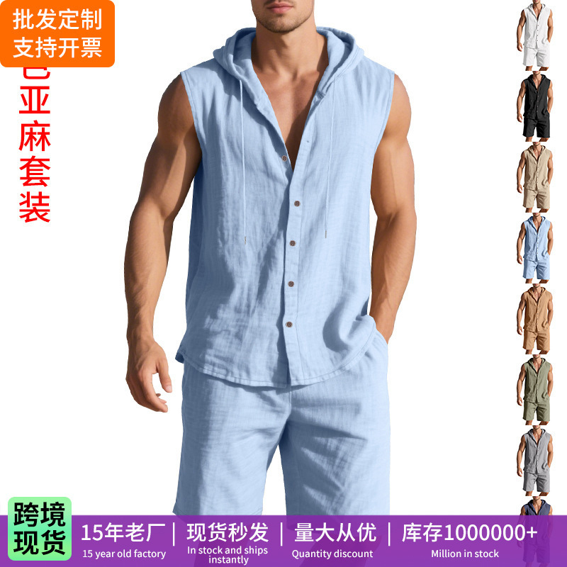 Cross-Border Amazon Linen Autumn Two-Piece Set for Men, Loose Casual Simple Hooded Sleeveless Shirt and Shorts Set for Men Cross-Border Amazon Linen Autumn Two-Piece Set for Men, Loose Casual Simple Hooded Sleeveless Shirt and Shorts Set for Men