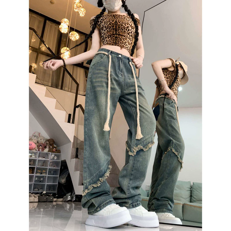 2024-май новые ретро с нишой с высокой талией, шерстяные джинсы женские высокие улицы свободные тонкие прямые брюки