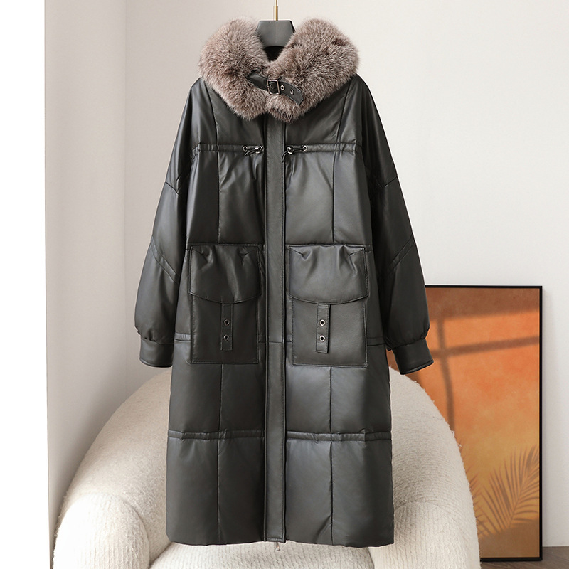 Haining Genuine Leather Goatskin down Jacket Women's Long Goose down Thickeneded Warm Fox Fur Collar Loose Fur Outwear for Women