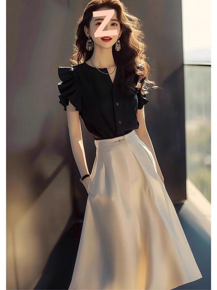 今年流行漂亮套装裙女2025新款夏季轻奢高级感气质黑色衬衫两件套