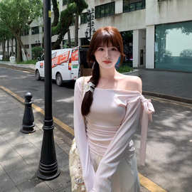 【40支酷丝绵原版做法】条纹t恤女修身打底衫绑带设计露肩上衣潮