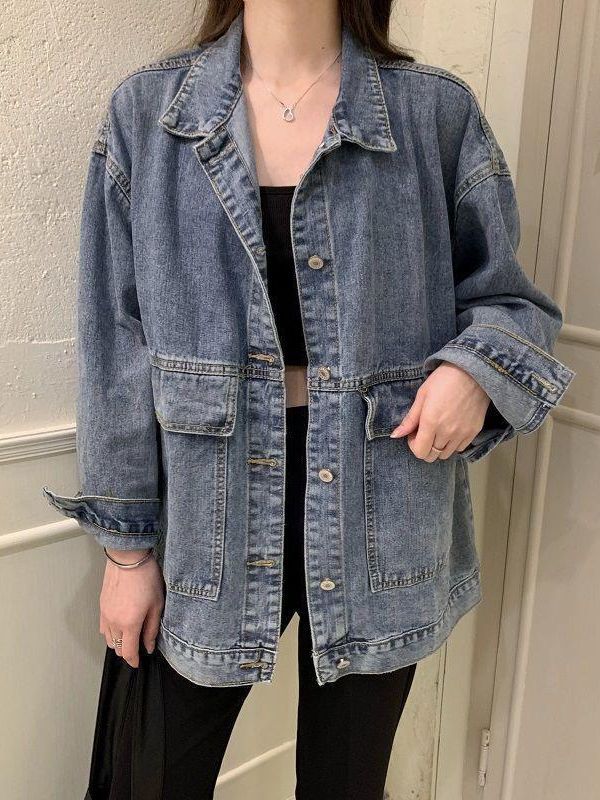 Abrigo de mezclilla para estudiantes mujeres primavera y otoño estilo coreano nuevo abrigo suelto BF versátil Bolsillo grande medio-longitud ropa de trabajo superior