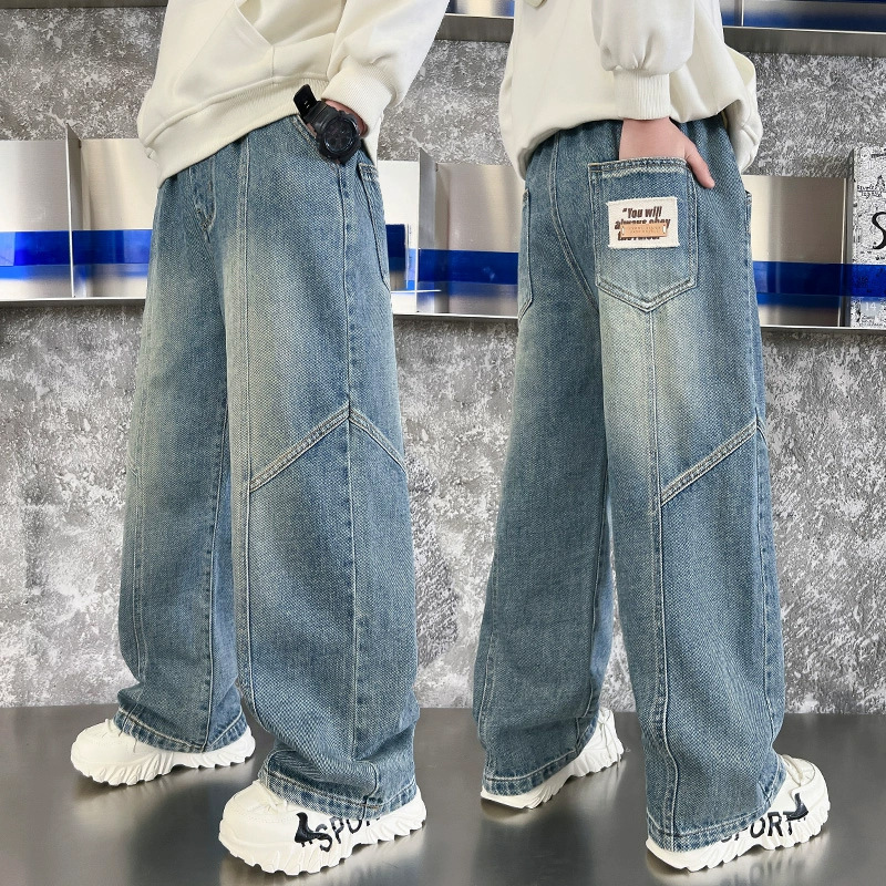 男の子韓国風春服ティーンエイジャーデニムパンツ 2025 新しいファッショナブルなスポーツ子供服男の子カジュアルワイドレッグパンツ|undefined