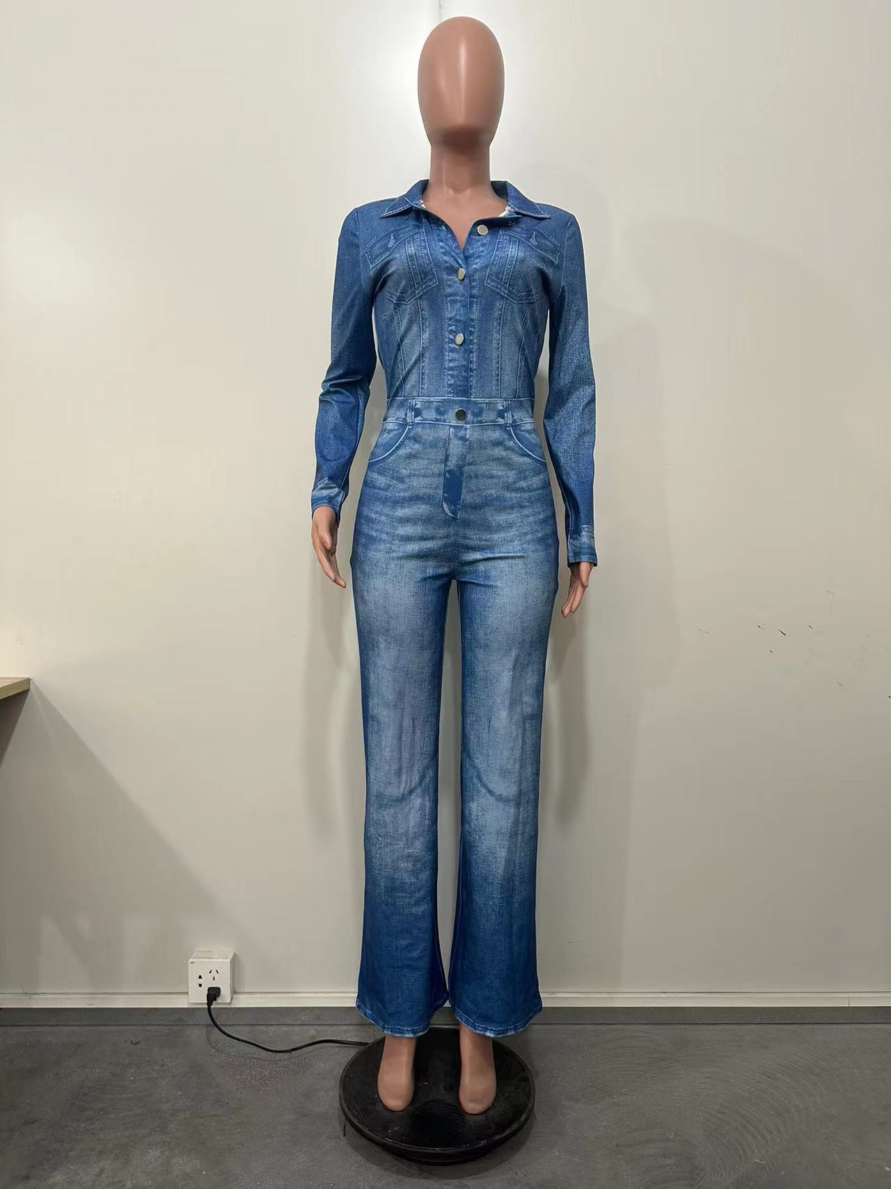 Damen Jumpsuit In Jeansoptik Mit Print Modischer Winter Overall_voghion.com