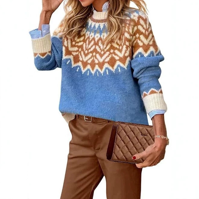 In-Stock Wish Hot-Selling Amazon New European and American Style Women's Sweater, Round Neck, Color-Blocking, Loose Fashion Pullover Knitwear