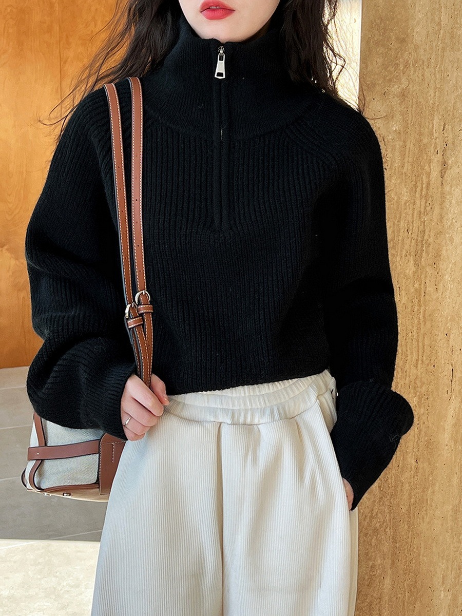 Poole lukuga kaelusega tugev kõrge vöökohaga naiste kampsun, lühike mood, Maillardi värvisari, kootud topp kandmiseks_voghion.com