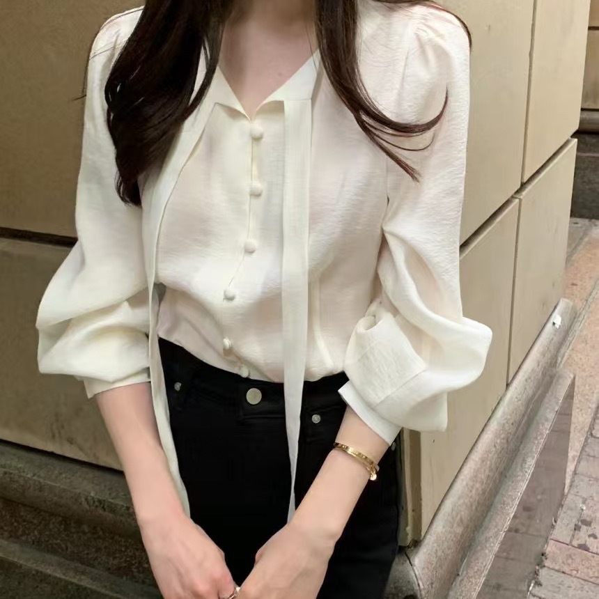 1688 camisa casual estilo puerto 025 coreano chic nuevo estilo francés con cuello en V serpentinas camisa de manga larga