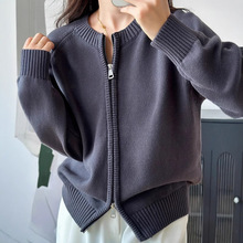 100%纯棉全棉线灰色橘色针织拉链开衫开胸毛衣外套女外穿短款气质