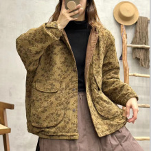 冬季新品文艺复古印花连帽宽松棉服女装单排扣民族风休闲棉衣