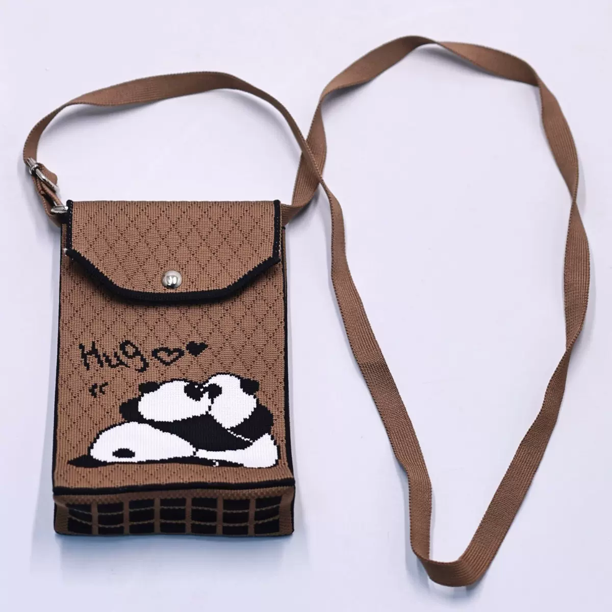 小众针织磁扣手机袋小熊猫手机包单肩斜挎包手拎翻盖手机包口红包