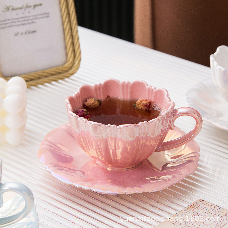 Ins Style Dream Flower Ceramic Mug High Color Value Petal Coffee Cup Saucer suit Office Couple Water Cup