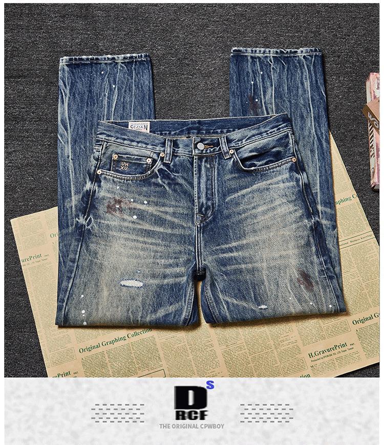 ​​Men's Premium Heavyweight Vintage Jeans – Streetwear Distressed Washed Denim Pants, Relaxed Straight-Leg Fit, Light Blue​​_mkmklike.com