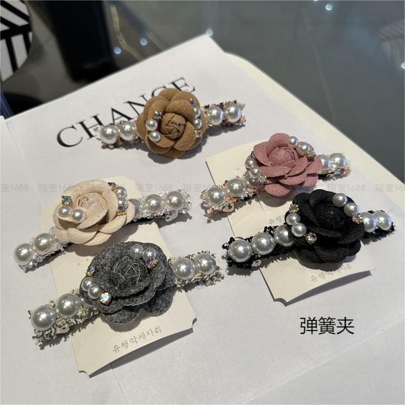 網紅氣質韓版通勤OL珍珠大茶花蝴蝶結彈簧夾甜美可愛復古髮飾批發