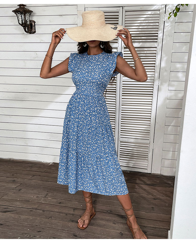 Summer Retro Midi High-Waist Blue Floral Dress in Dresses