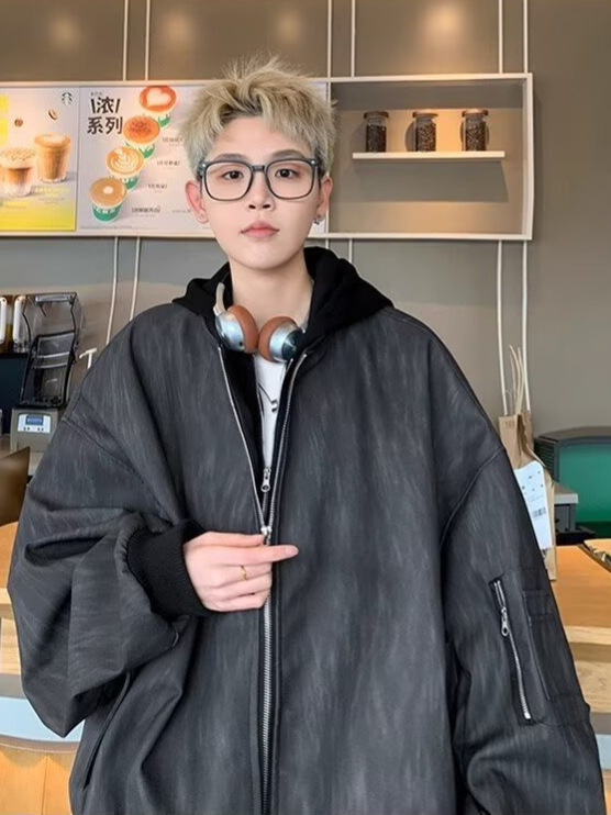 美式假两件外套男春秋季潮牌PU皮百搭纹理夹克复古高街痞帅上衣|undefined