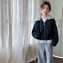 女童外套春秋款2025新款潮流韩系儿童牛仔蕾丝夹克衫休闲拉链上衣