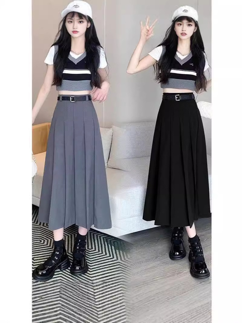 세트 직물 주름 치마 긴 치마 2024 새로운 한국 간단한 검은 회색 프랑스 높은 허리 슬리밍 A-라인 버전
