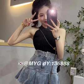 韩系辣妹套装女2023夏季新款纯欲半高领针织背心+牛仔半身裙套装