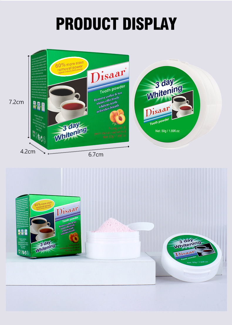 Polvo de dientes para eliminar el color amarillento de las manchas de café, las manchas de té, la protección de las encías, la fijación de los dientes, el lavado de dientes de melocotón._voghion.com