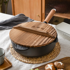 Small Happiness Wood Handle Deep Flat Cast Iron Cookware Coated Thick Cast Iron Soup Pot Healthy Old Style Household Iron Pan