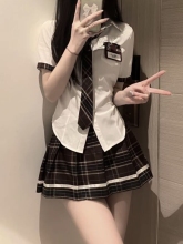 JK制服套装辣妹显瘦收腰衬衫女学院风纯欲风性感超短百褶裙两件套